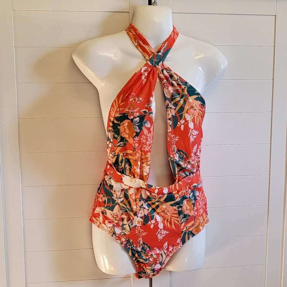 Modcloth Womens One-Piece Halter Swimsuit Size Medium Orange Floral Bethany NWOT